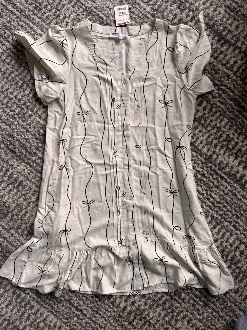 Jane and Delancey Cream Short-Sleeve Ruffle-Hem Tunic with Black Bowline Print